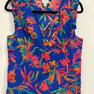 J. Crew Royal Blue Sleeveless Blouse with Tropical Print